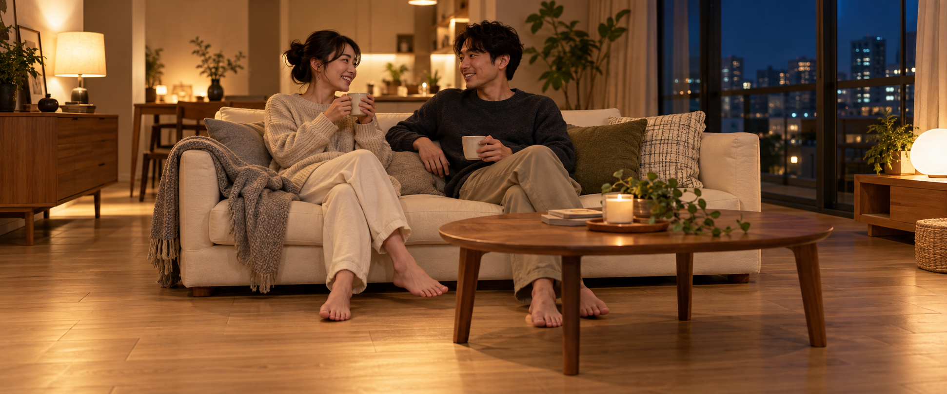 夜晚暖色客廳中，兩人赤腳坐在沙發上喝熱飲，呈現放鬆舒適的地暖居家情境
