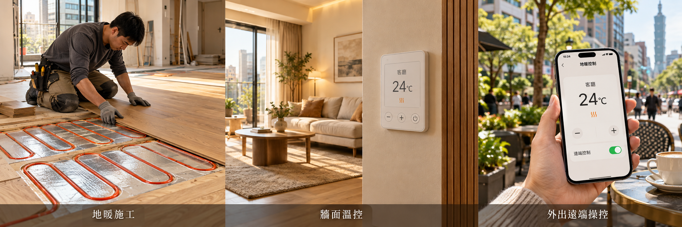 地暖使用情境：專人鋪設電地暖、透過牆面溫控器調整溫度，以及外出時使用手機遠端操控。